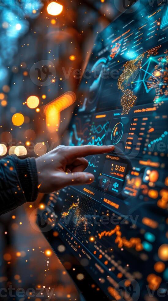 In the image, a hand of a person is indicating a computer monitor photo