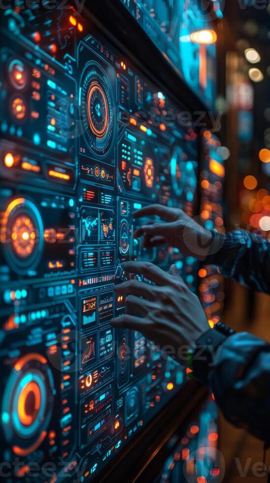 A person is extending their hands to interact with a futuristic digital display photo