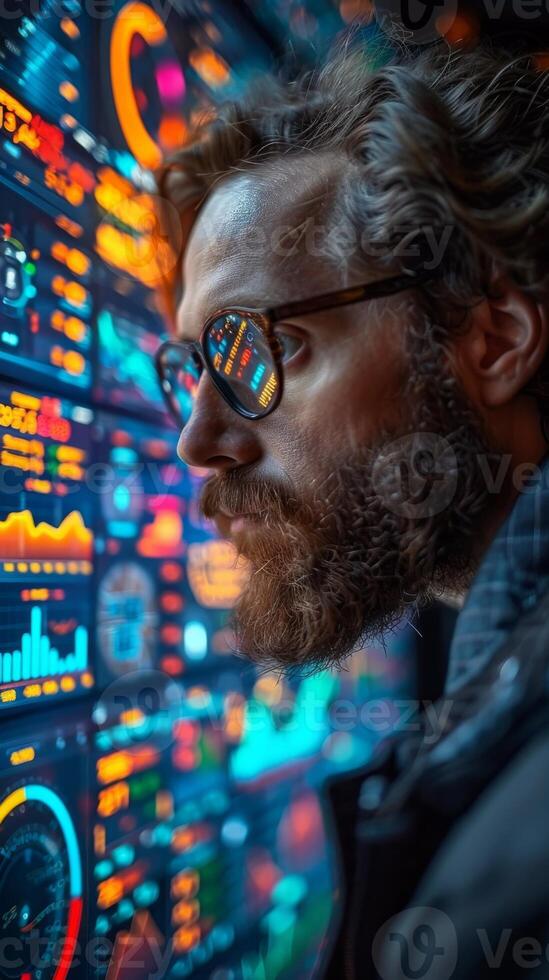 A man with glasses and a beard is focused on a computer screen photo