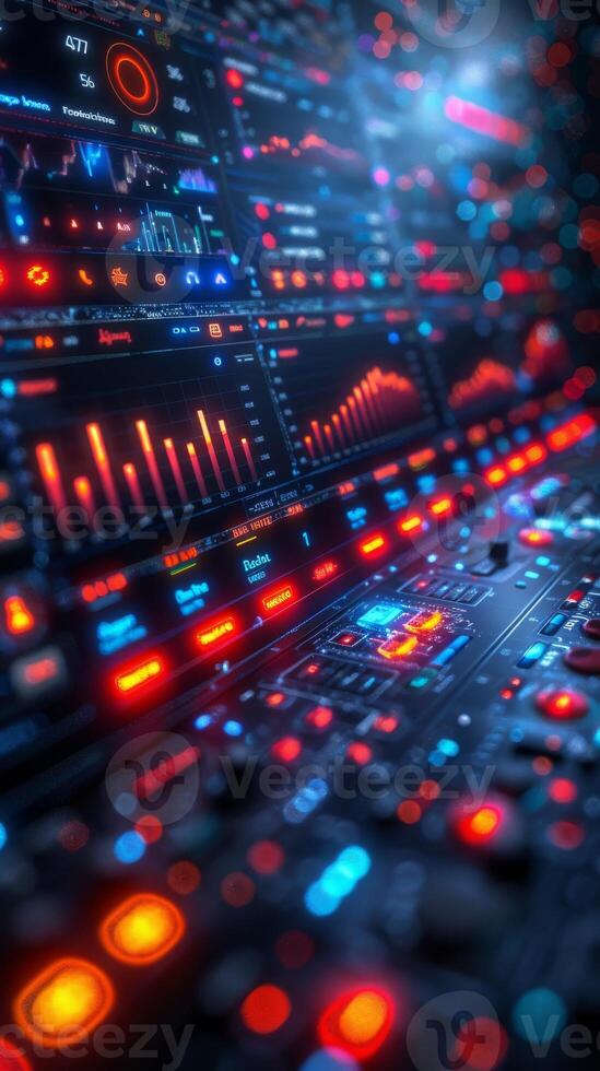 The computer monitor is equipped with numerous buttons and lights photo