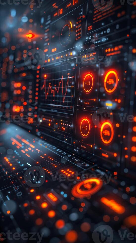 A computer screen illuminated by numerous orange lights photo