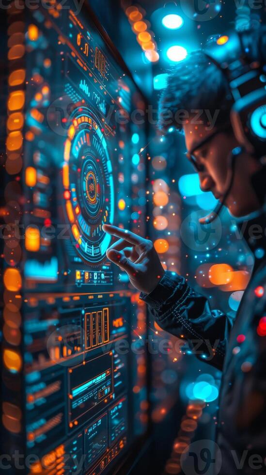 A man wearing a headset is engrossed in observing a futuristic display screen photo