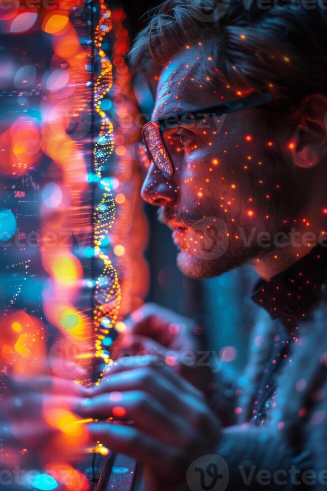 A man in glasses looks out a window with a dna structure on his face photo
