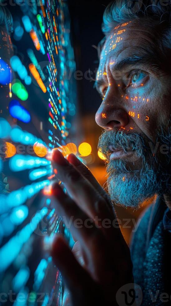 Man with a beard using computer in dark room, looking at event graphics photo