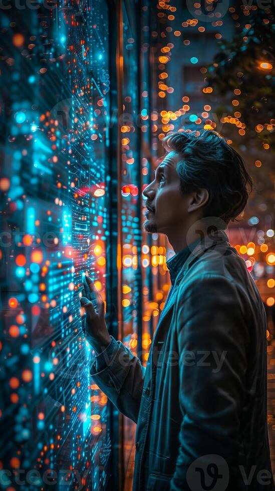 A man is staring at a screen with numerous bright lights on it photo