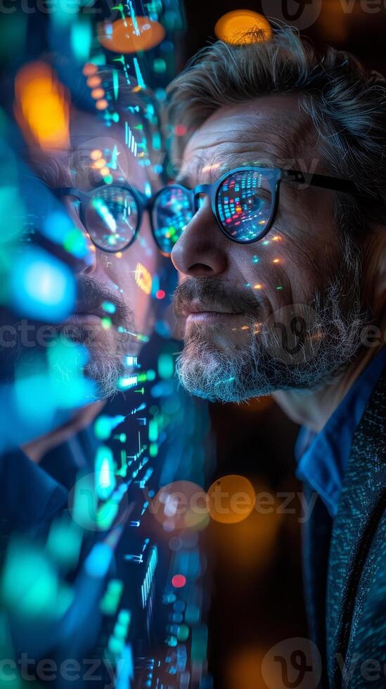 Man with glasses, looking at computer, keywords music, artist photo