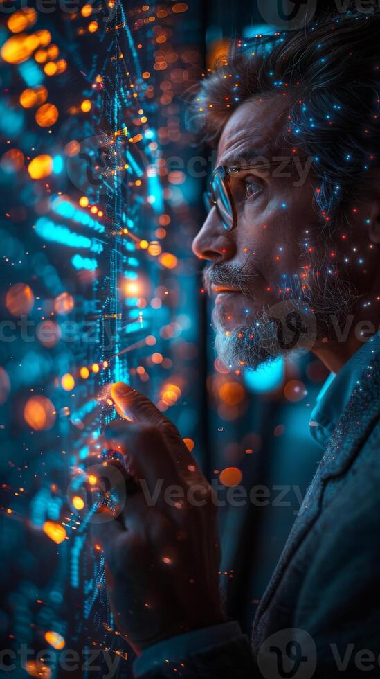 A man sporting a beard and glasses gazes at a computer monitor photo