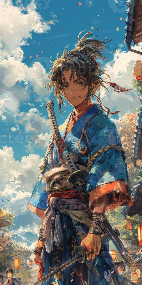 A portrayal of a traditional samurai against a colorful sky, embodying courage and honor photo