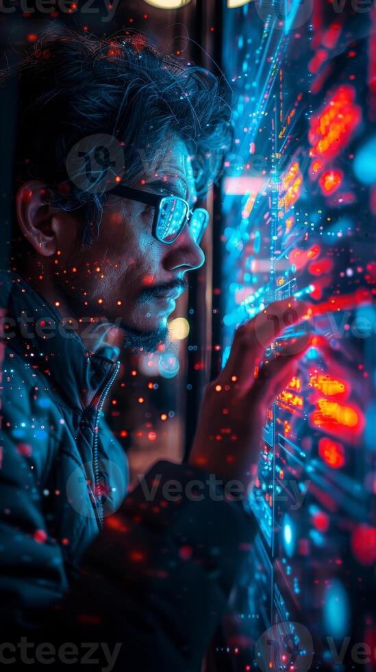 Man with glasses looking at futuristic screen in space with entertainment photo