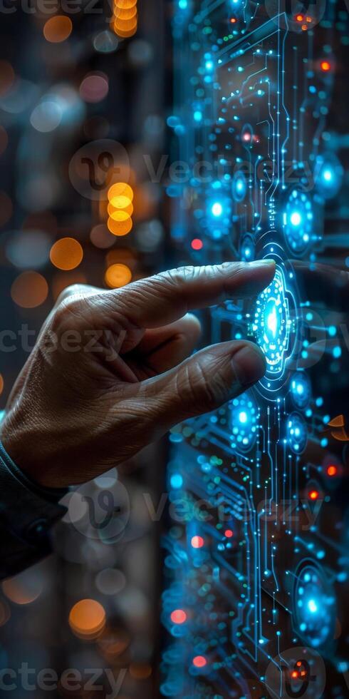 A persons hand pressing a button on a computer screen photo