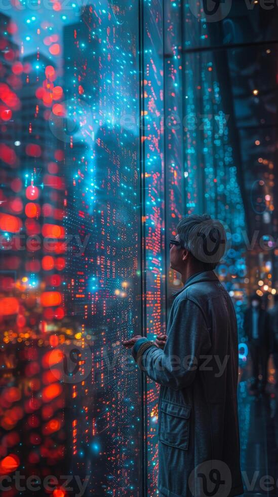 A man is gazing through a window to observe a city during the night photo
