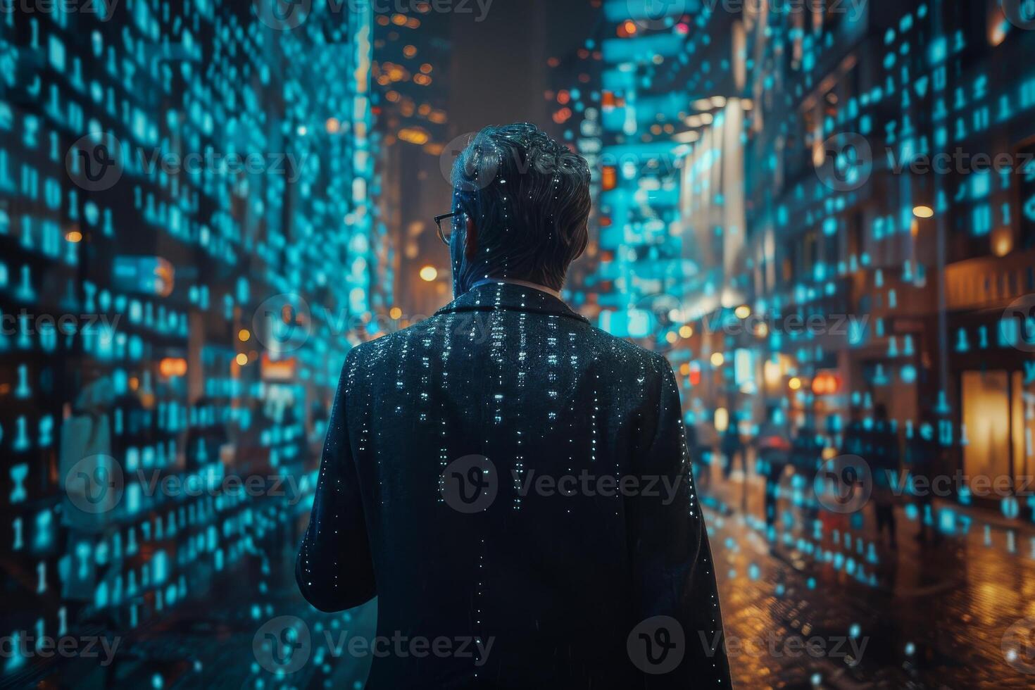 A man is standing in front of a wall covered in binary code photo