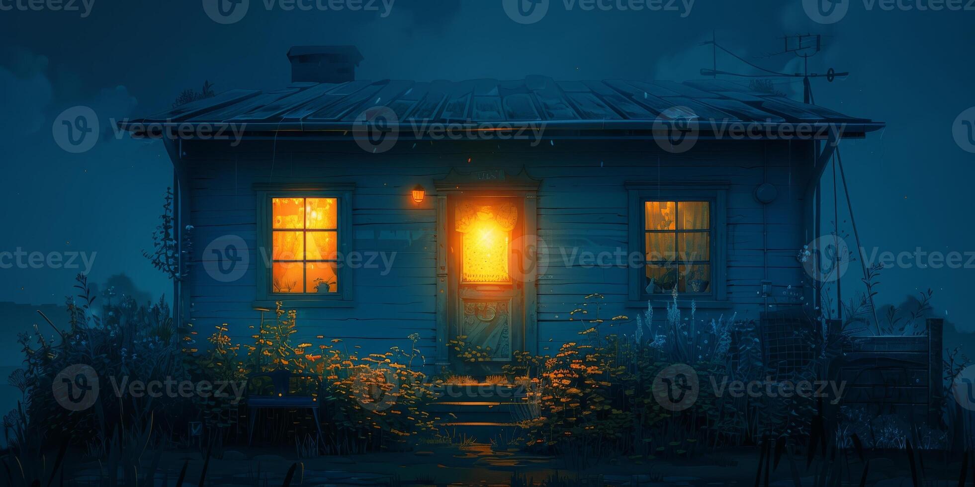 A small house with a light shining through the window at night, in the city photo
