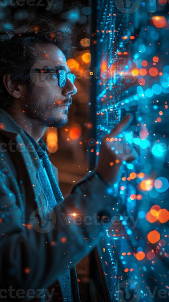 A man in glasses is mesmerized by a futuristic display photo