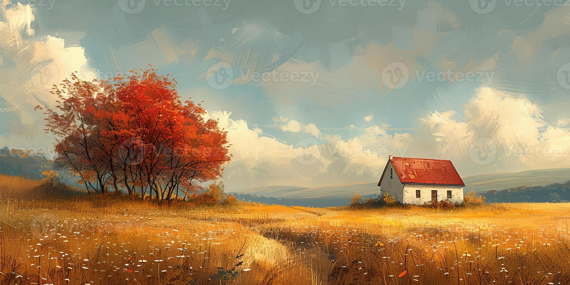 The image features a pixelated house surrounded by trees in a field photo