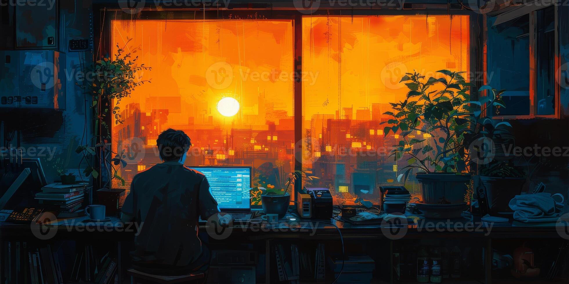 A man is sitting at a desk near a window, using a laptop photo