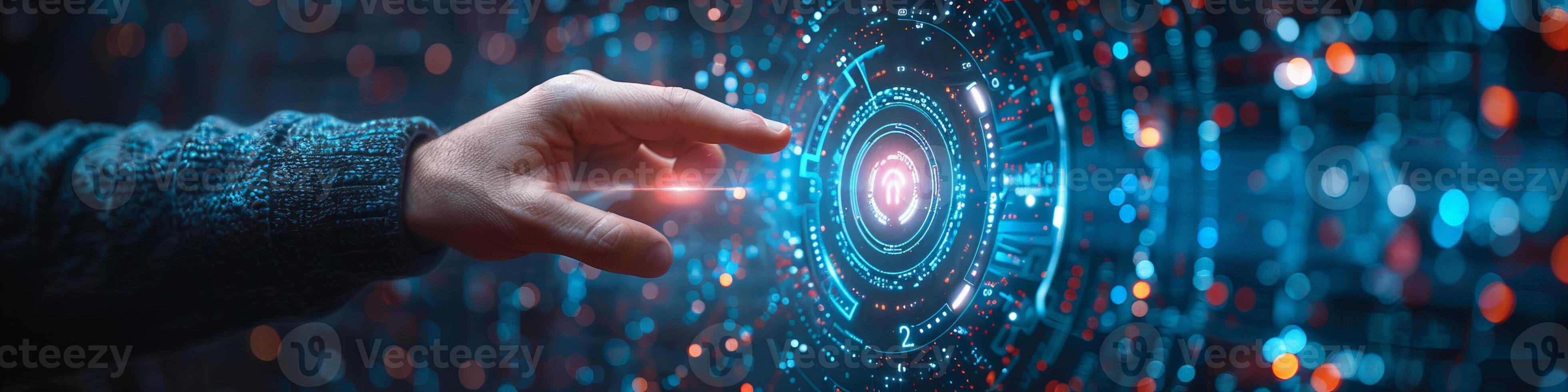 On a futuristic screen, a hand is pressing a button to activate something photo
