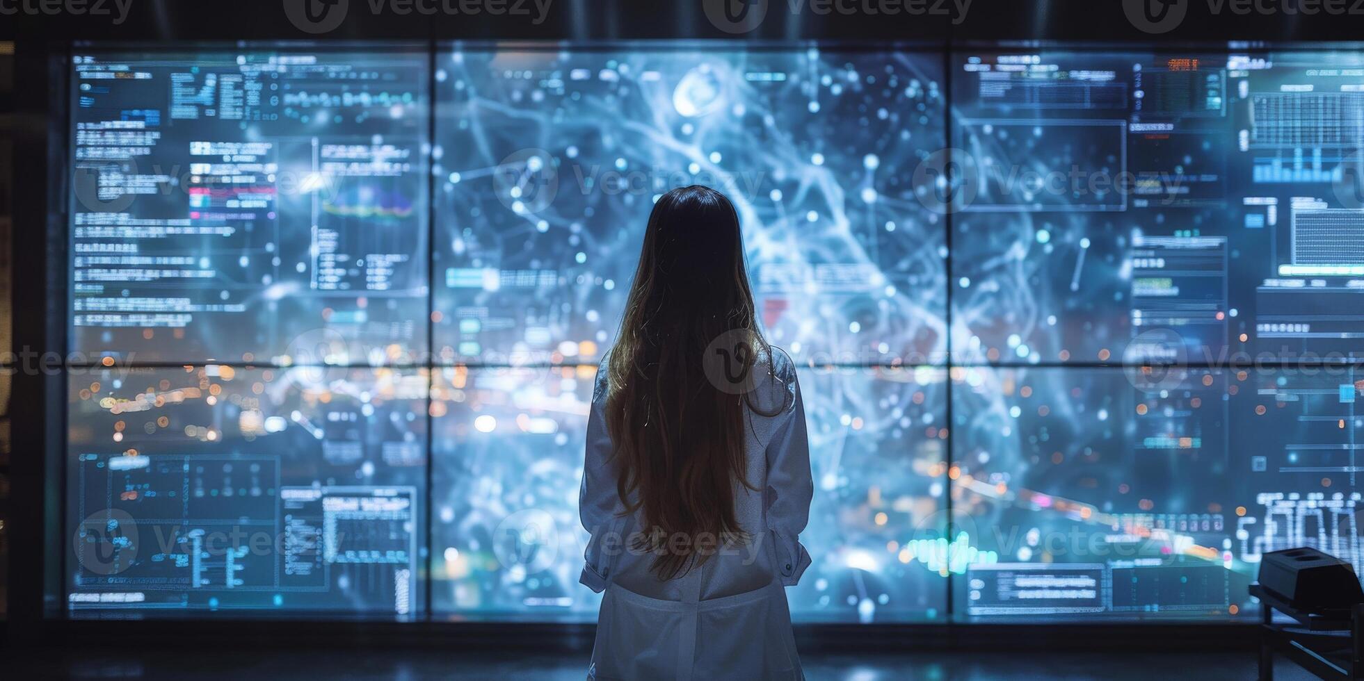 A woman is standing in front of a large computer screen photo