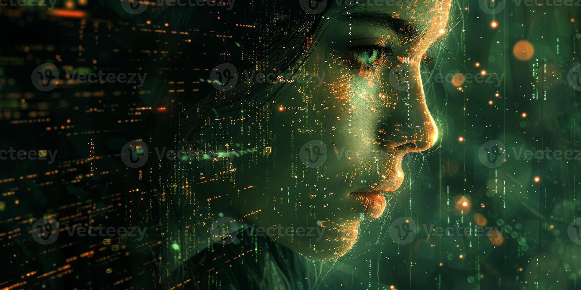 The womans face is illuminated by shimmering particles photo