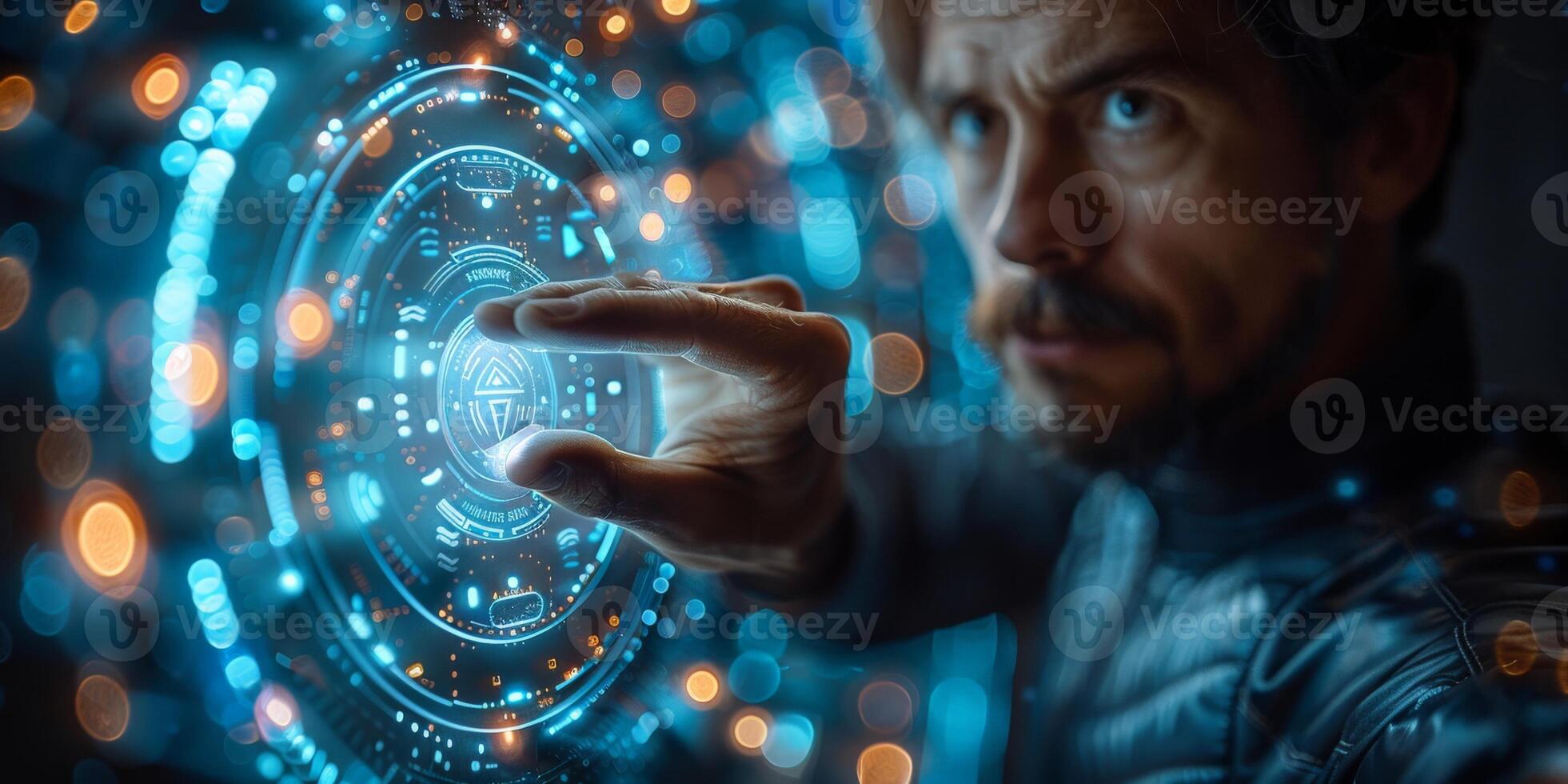 A man is interacting with a hightech display using his fingertip photo