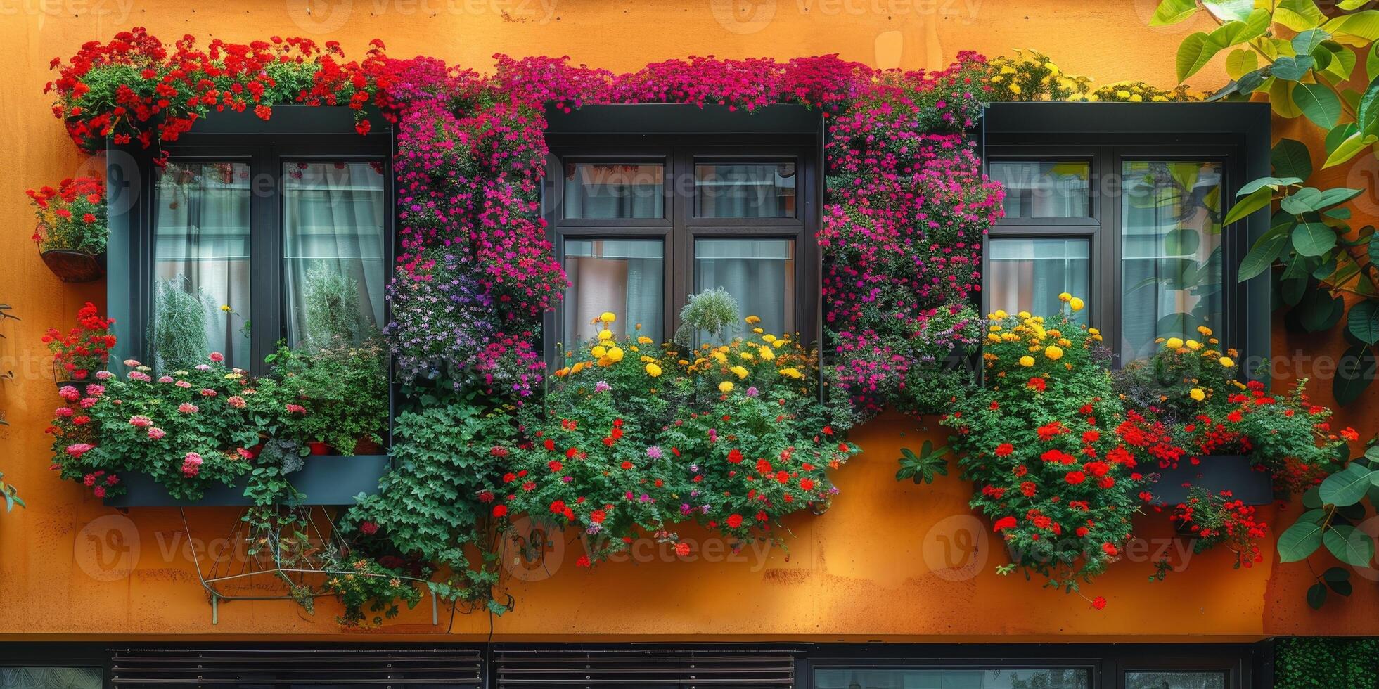 A beautiful window adorned with an abundance of colorful flowers on a building photo