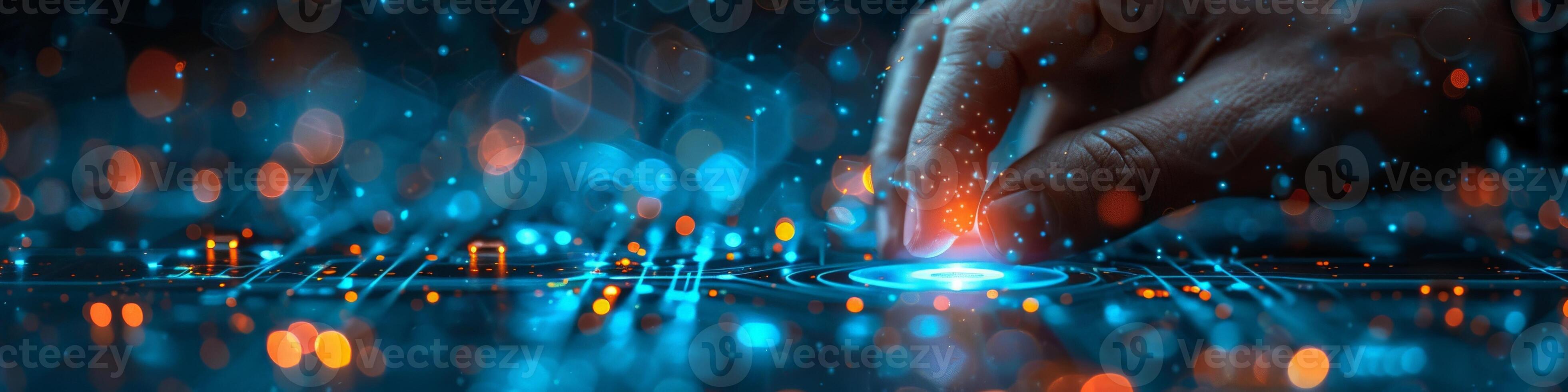 In the image, a hand is seen pressing a button on a computer screen photo