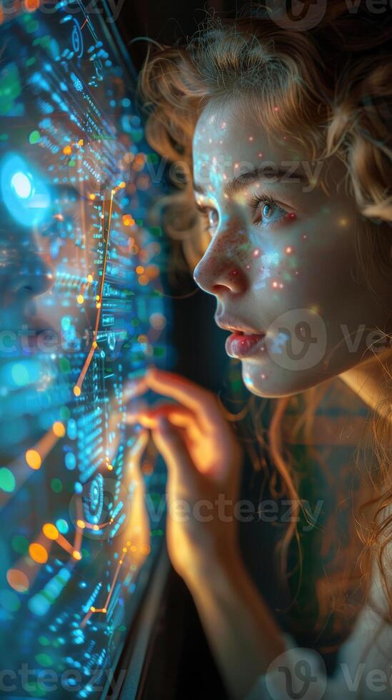 A woman is looking at a computer screen with a reflection of her face photo