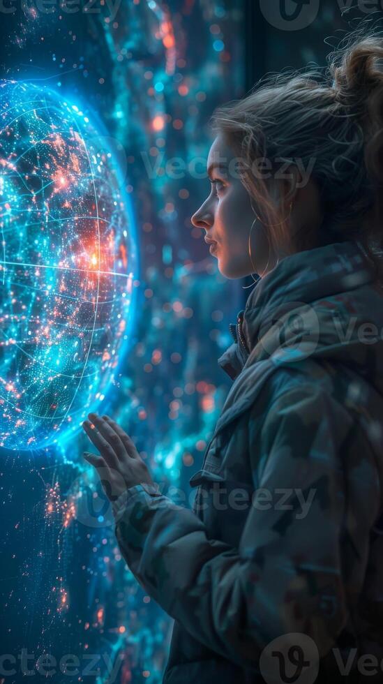 A woman is focused on a luminous sphere displayed on a monitor photo