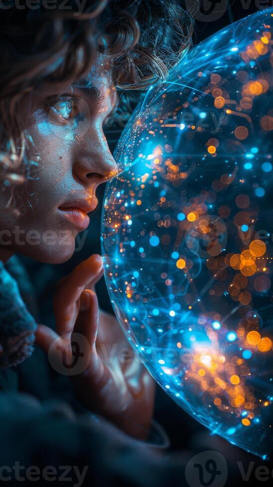 A person with sparkling facial decoration gazes at a floating sphere photo