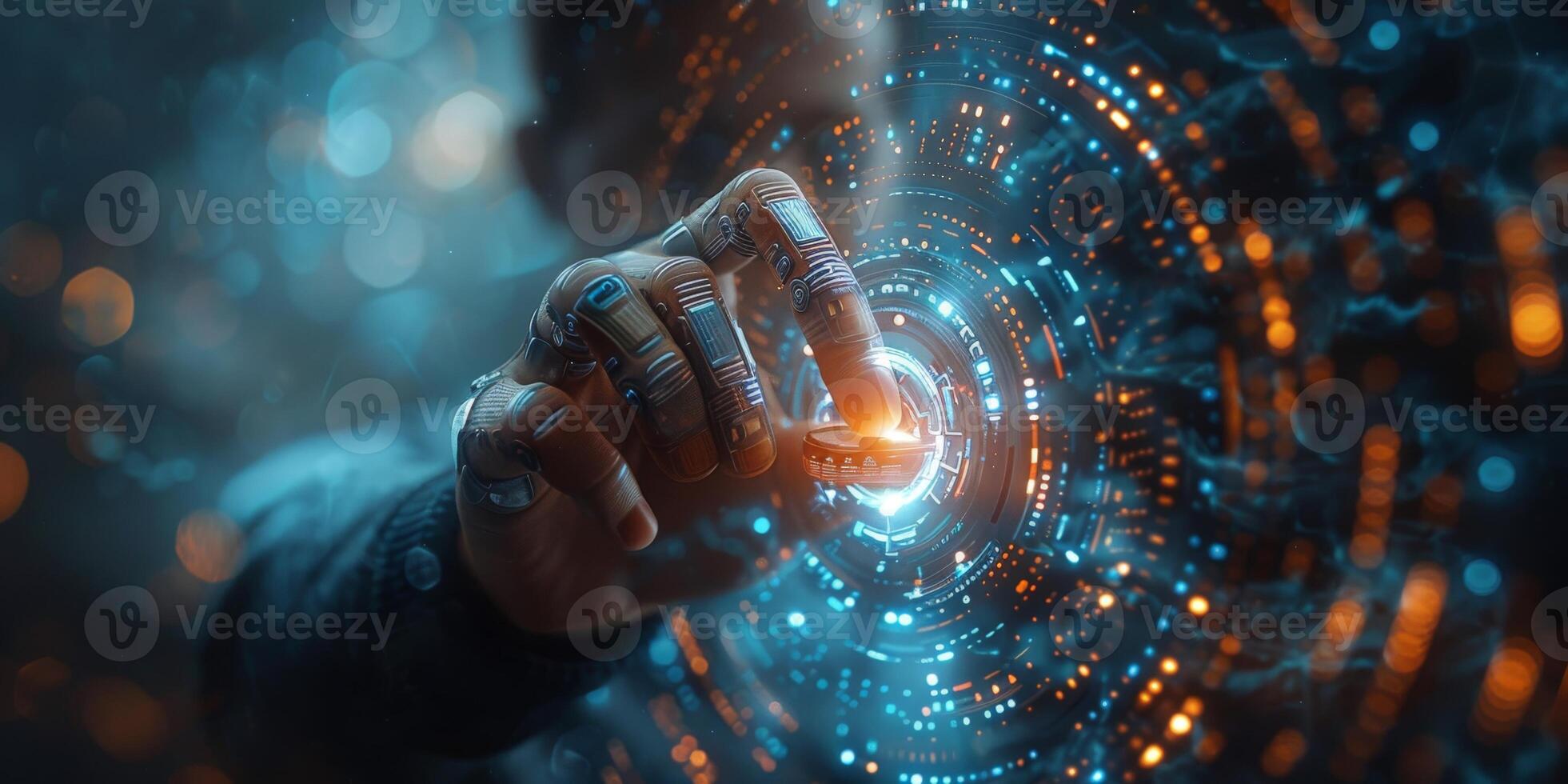 A man is interacting with a hightech display using his hand photo