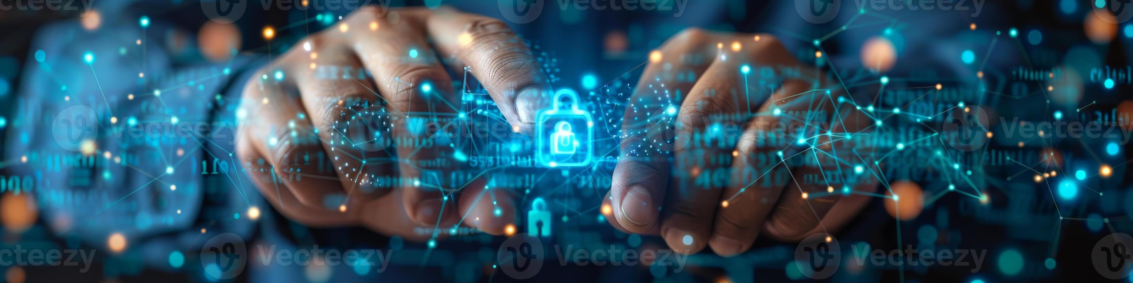 A person holds a digital padlock, showing blue and magenta visual effects photo