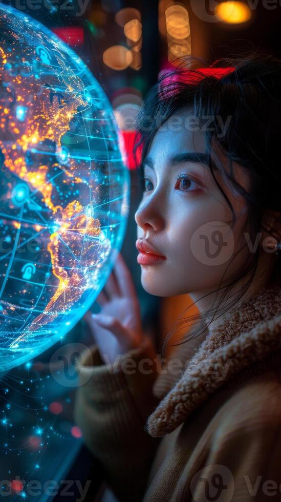 The woman is watching a bright globe displayed on a screen photo