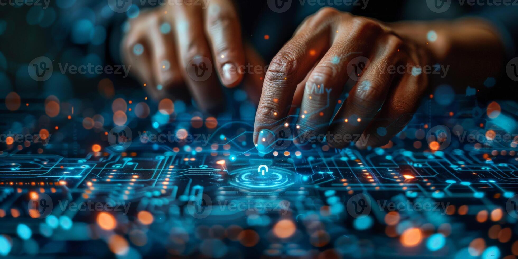 Close up of hands pressing button on computer screen photo