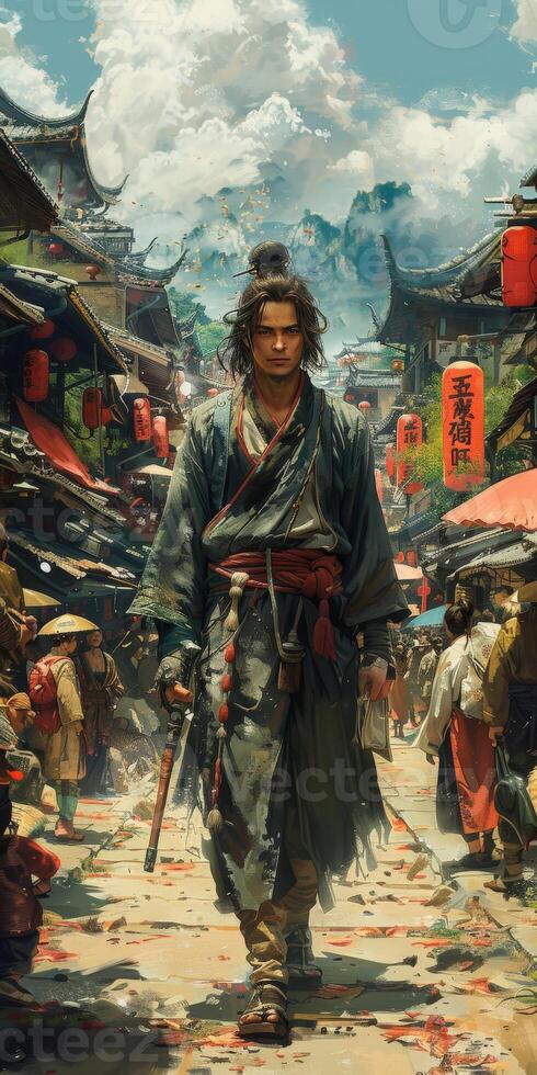 Samurai in traditional attire in a vibrant street in Japans historical setting photo
