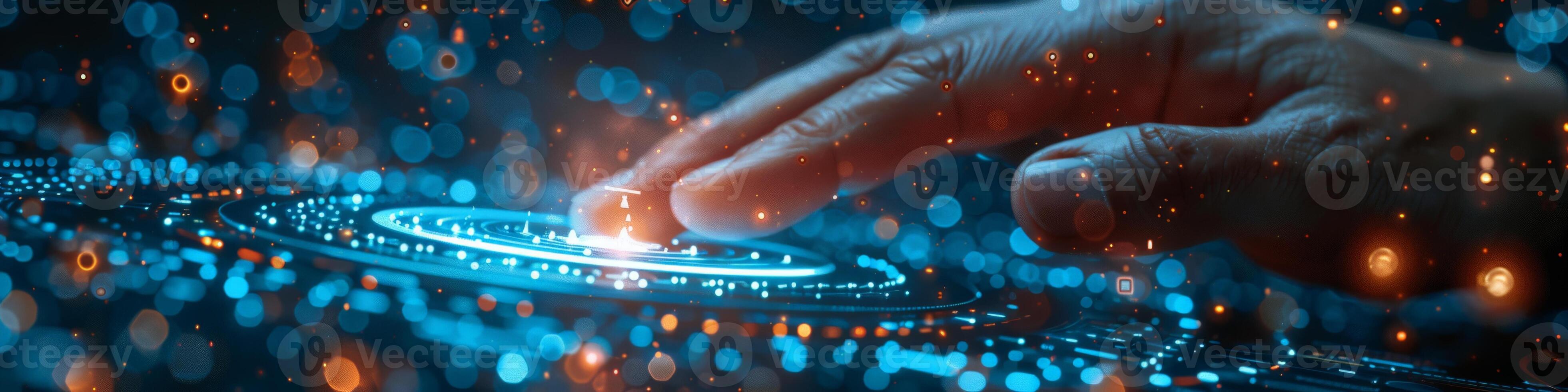 In the image, a hand is pushing a button on a modern display photo
