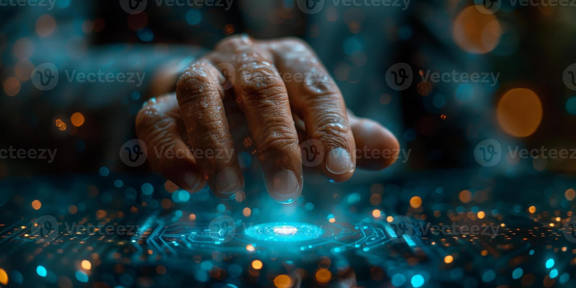 Futuristic technology hand interacting with a digital interface illuminated by glowing lights photo