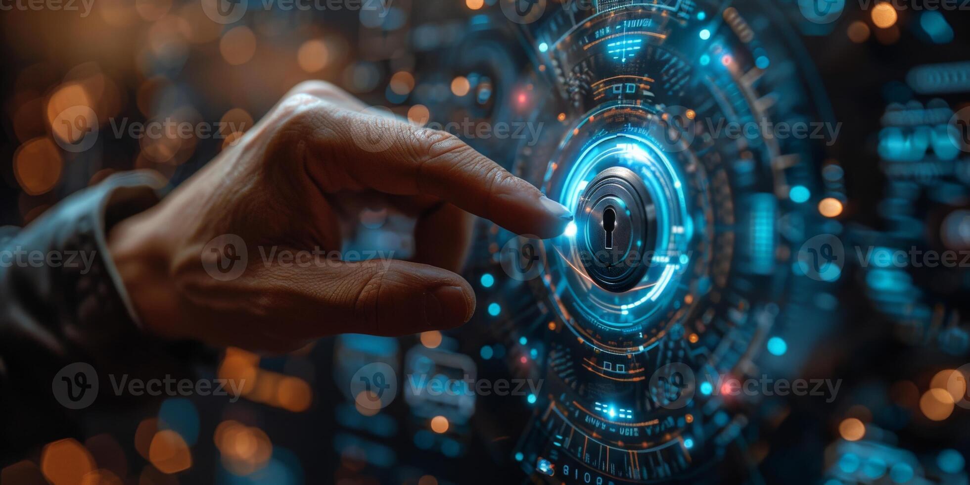 On a futuristic screen, a person is pressing a key photo
