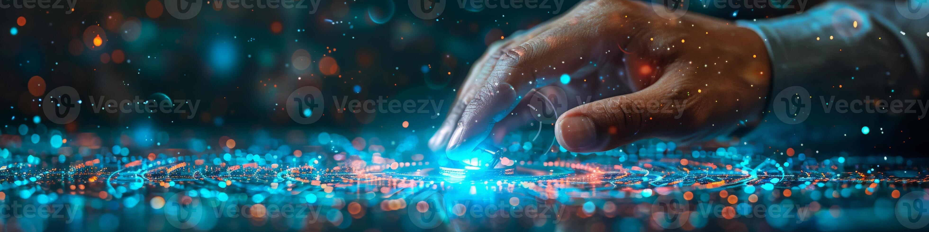 A close up image of a hand touching a digital screen photo