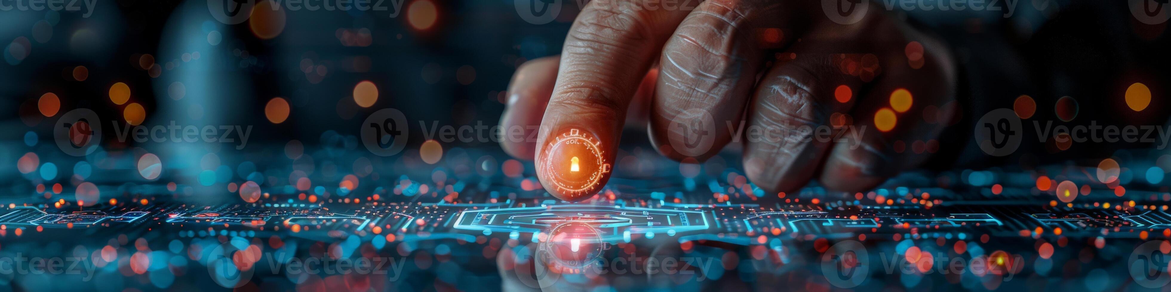 A hand is using its thumb to press a button featuring a padlock design photo
