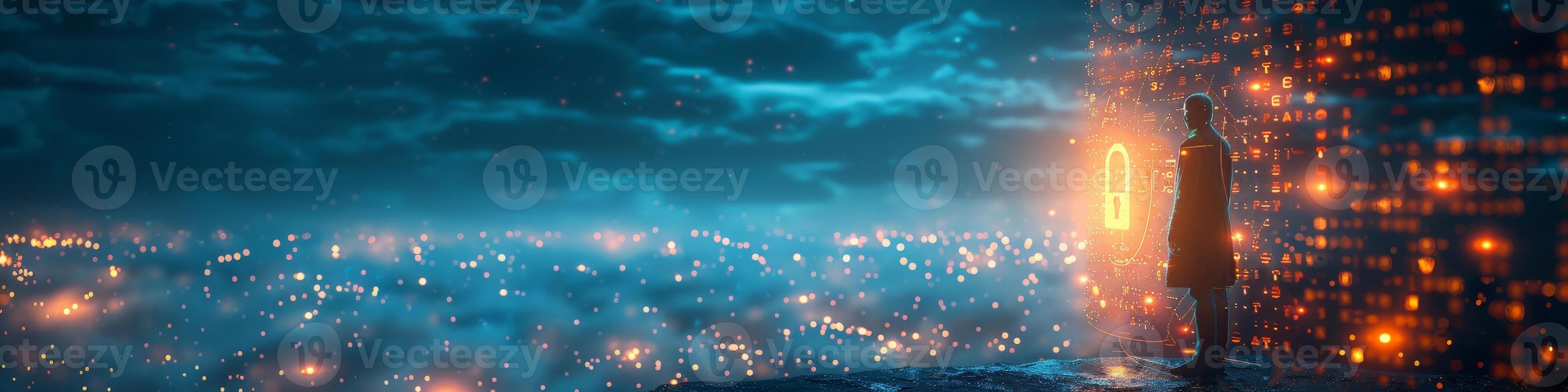 In the image, there is an individual facing a shining padlock photo