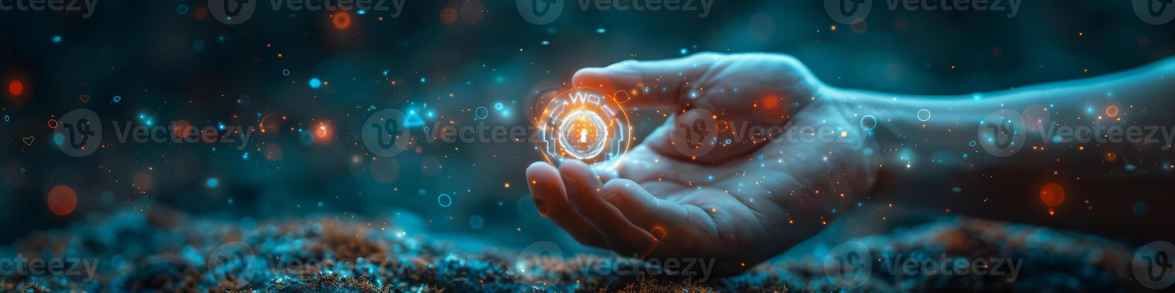 An Image Depicting a Hand Holding a Technological Sphere Surrounded by Radiant Particles photo