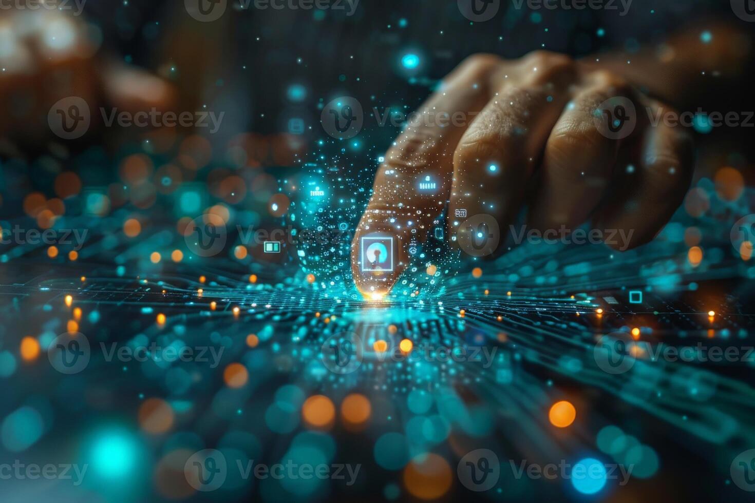 Persons hand pressing a button on a computer screen photo