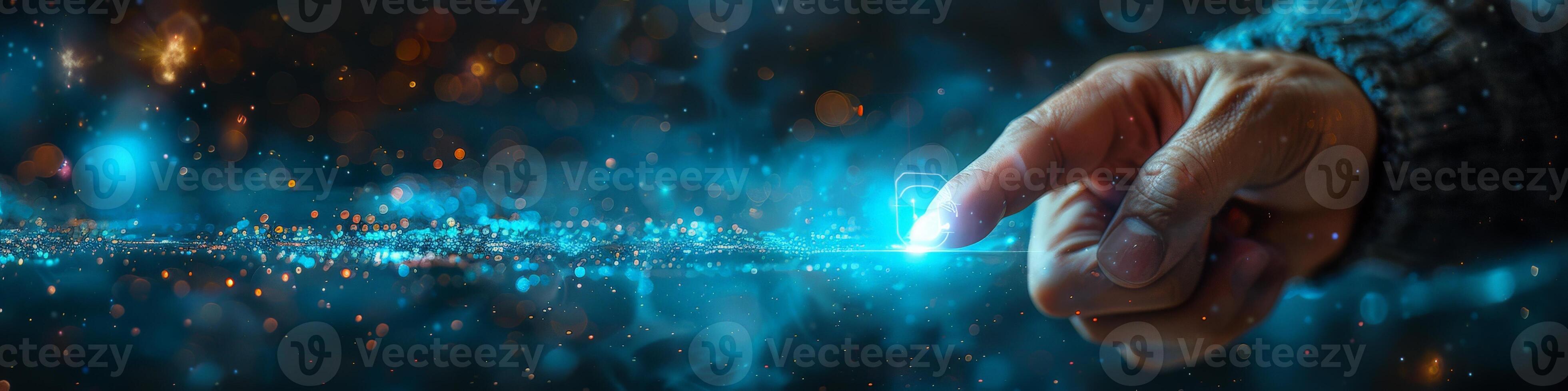 The hand is pushing a button featuring a padlock design photo