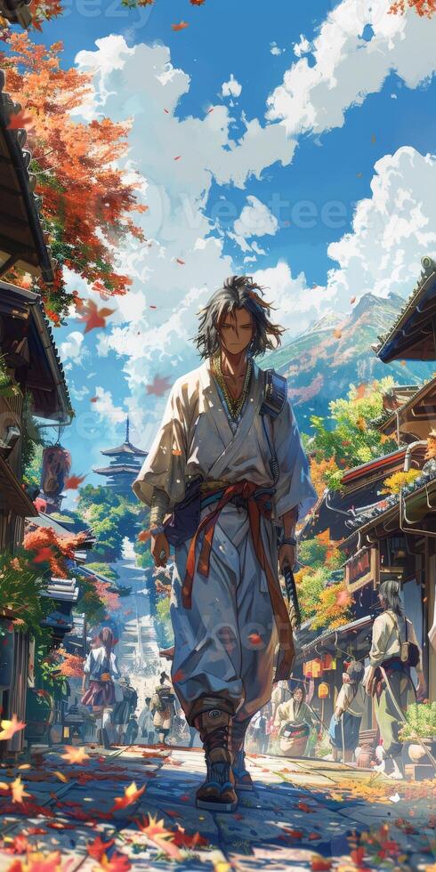 Pixel art of a samurai walking in nature with clouds in the sky photo