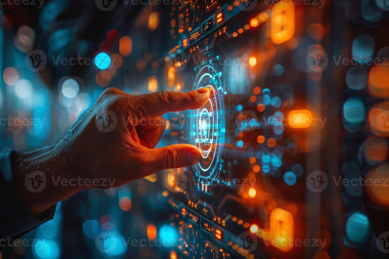 Hand presses a button on a screen in a futuristic scene with electric blue photo