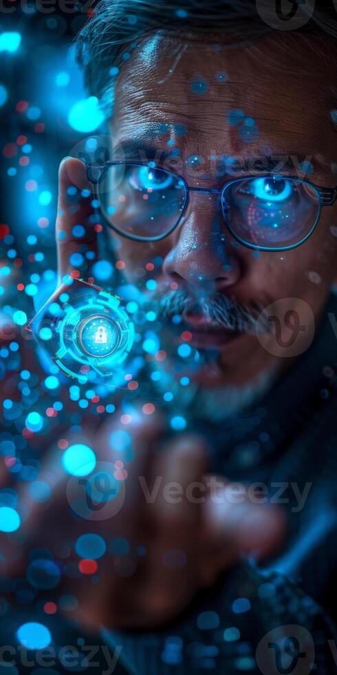 A man with glasses and a mustache pointing at a circle with the letter b photo