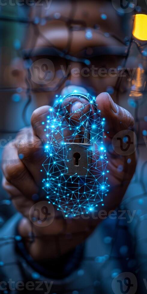 Cybersecurity concept with man holding digital lock symbolizing data protection and encryption. photo