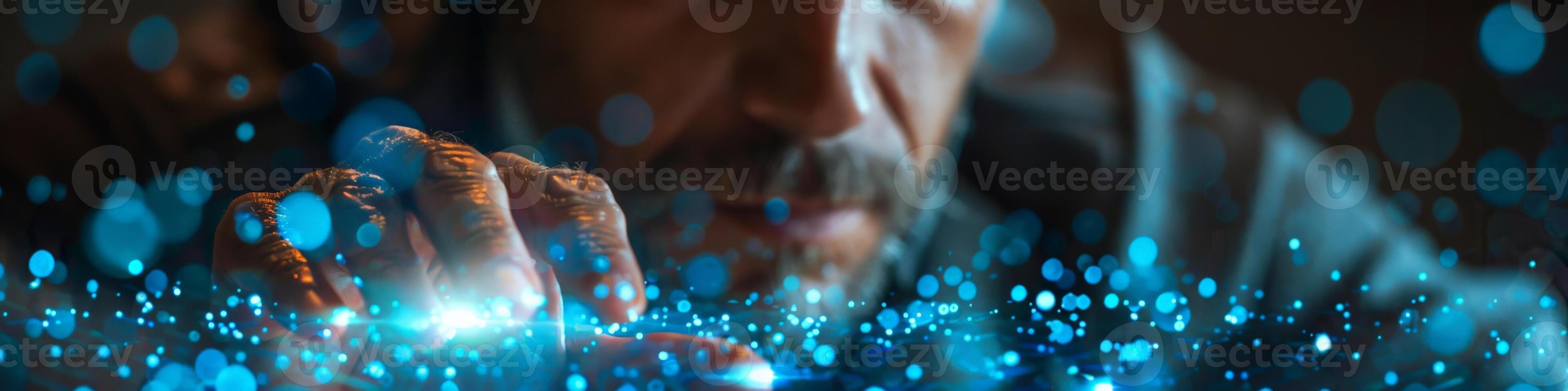 A man with a beard is interacting with a digital screen using his hands photo