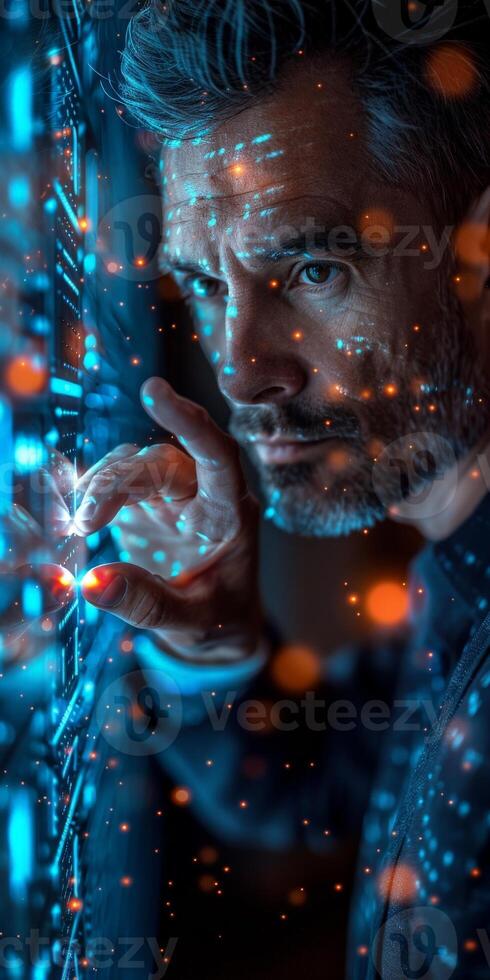 A man with a beard is intensely focused on the computer screen in front of him photo