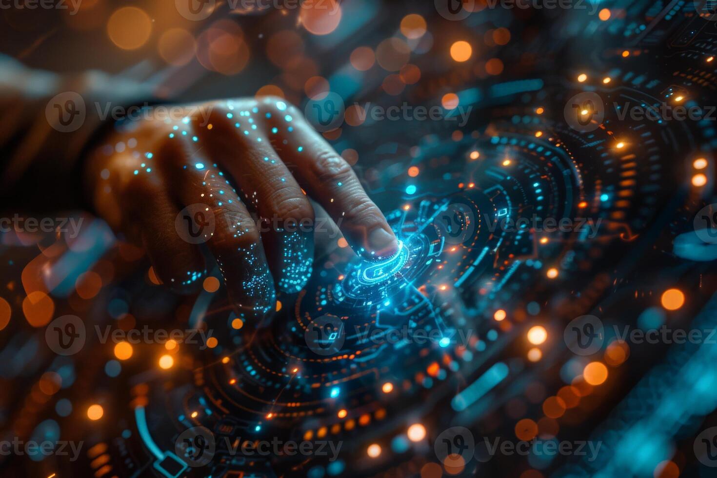 A hand interacts with a cuttingedge digital interface featuring holographic elements photo